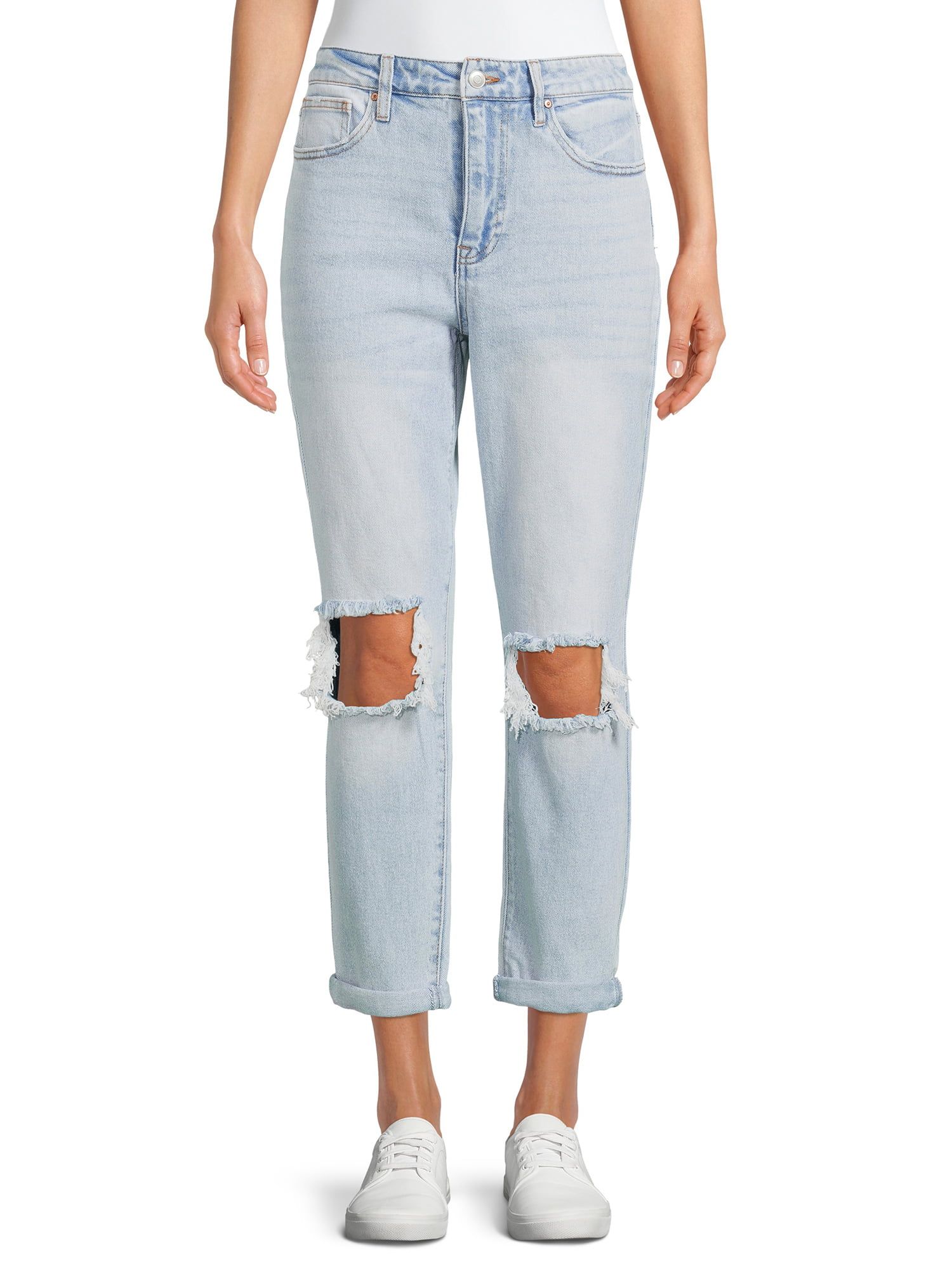 No Boundaries Juniors' Super High Rise Destructed Mom Jeans - Walmart.com | Walmart (US)