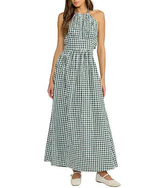 Petite Size Gingham Print Halter Neck Sleeveless Maxi Dress | Dillard's