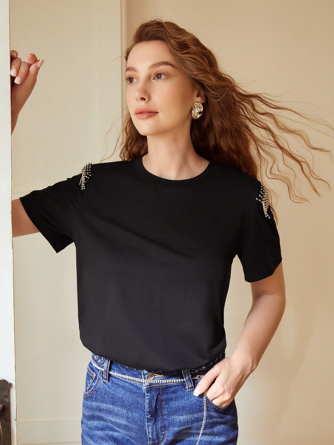 MOTF PREMIUM RHINESTONE FRINGE T-SHIRT | SHEIN