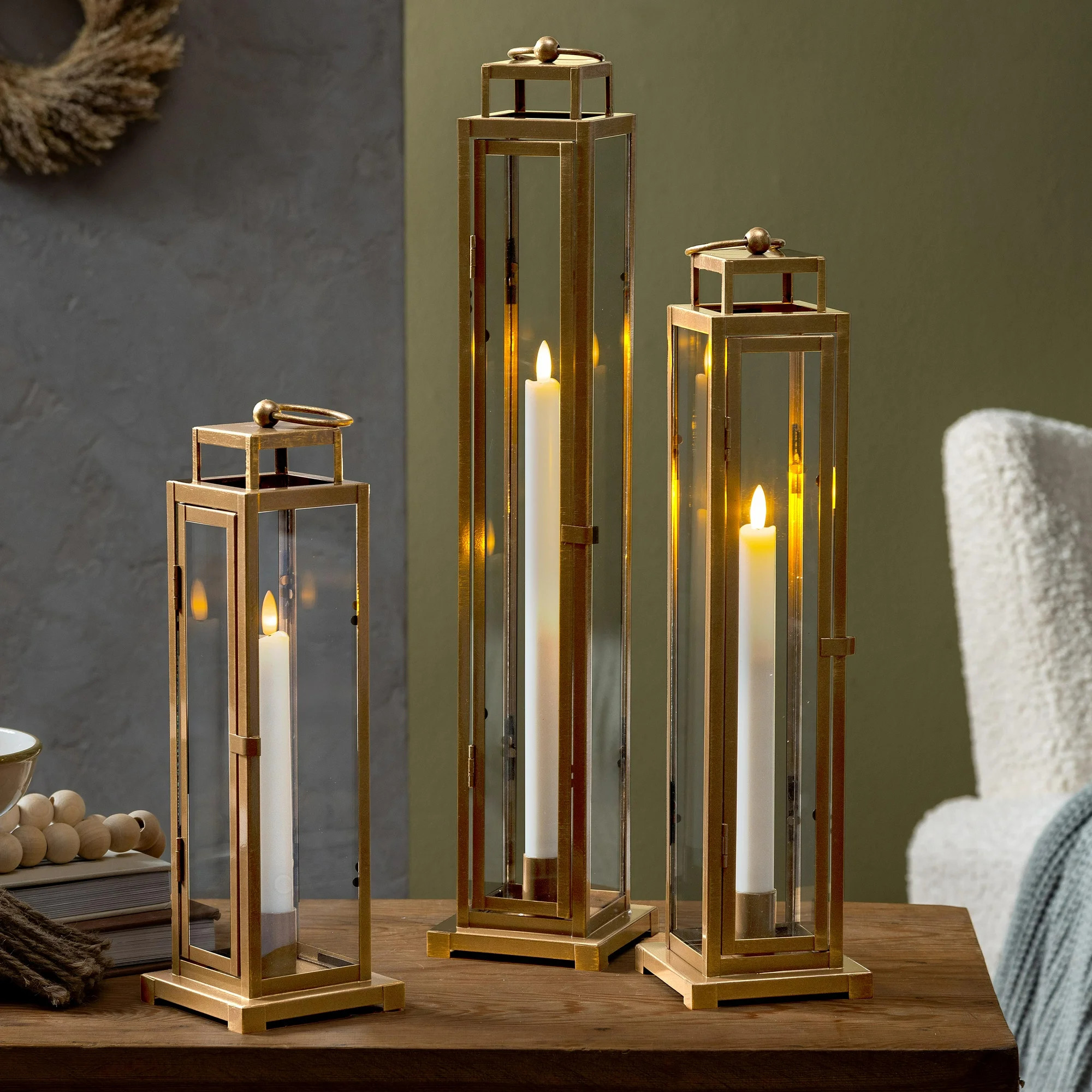 VivaStyle Outdoor Lamps & Lighting, LED Lantern, Gold Taper Candle, Set of 3 | Walmart (US)