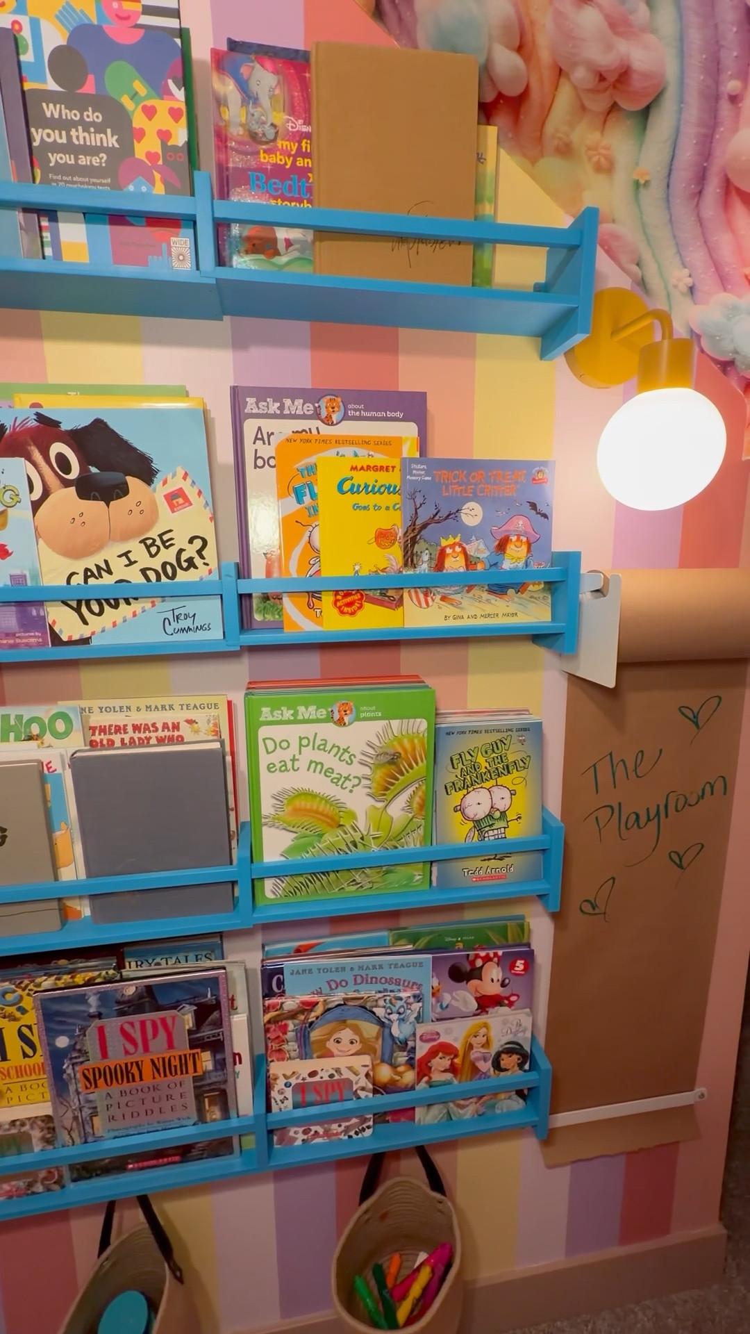 Playroom floating bookshelf, Kraft roll and rechargeable pop light 
