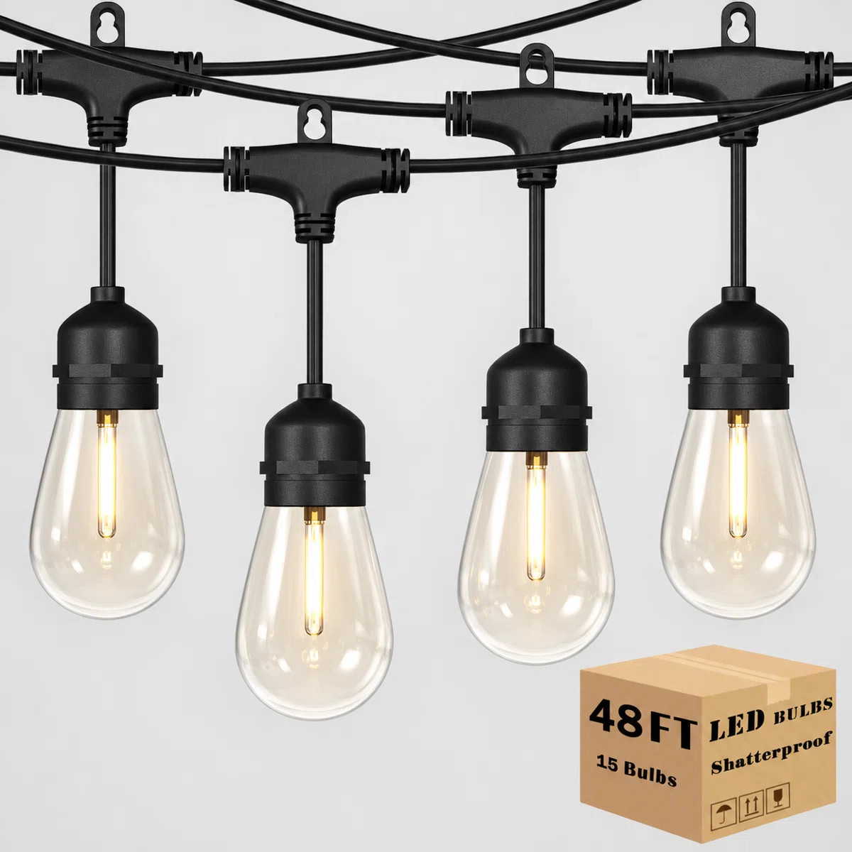 48FT LED Outdoor String Lights Patio Lights with 15 Shatterproof S14 Bulbs,Connectable Dimmable W... | Wayfair North America