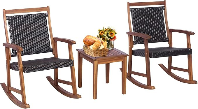 Tangkula 3 Pieces Patio Rocking Chair Set, Patiojoy Acacia Wood Rocker with Side Table, Outdoor C... | Amazon (US)