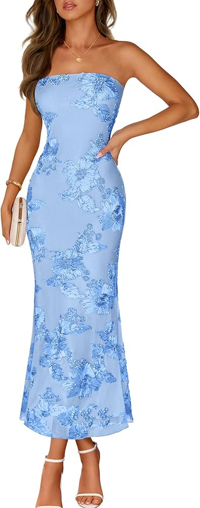 MEROKEETY Women's Floral Strapless Maxi Dress 2026 Summer Mesh Tube Bodycon Formal Wedding Guest ... | Amazon (US)