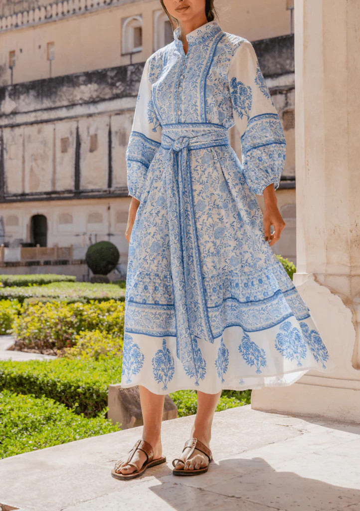 Sue Sartor Flounce Dress in Sky Palace Garden Print | Over The Moon