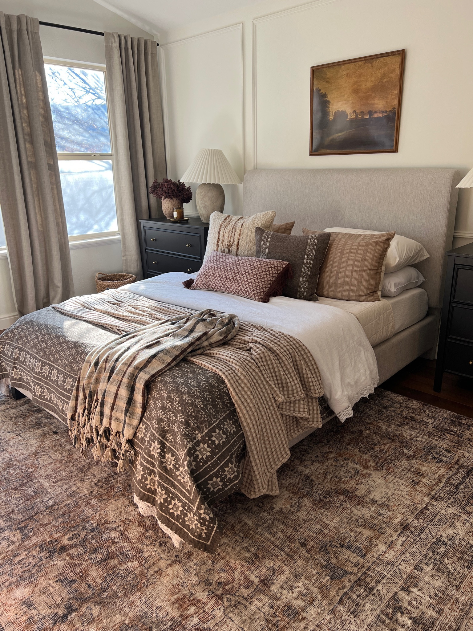 Primary bedroom styling ideas 

Vintage look loloi amber Lewis cloudpile sunset ink rug charcoal brown, mustard, rust, brown Etsy kantha quilt floral geometric ikat print ivory dark tan black plaid throw blanket woven tray stripe throw pillow boucle vintage antique art print concrete cement urn lamp with white pleated shade found vase Amazon drapes natural oatmeal color grandma chic vintage modern organic earth tones vintage dresser arched mirror green leaf realistic stems marble candle holder taupe taper candle wood bowl found vase 

#LTKstyletip #LTKhome #LTKFind