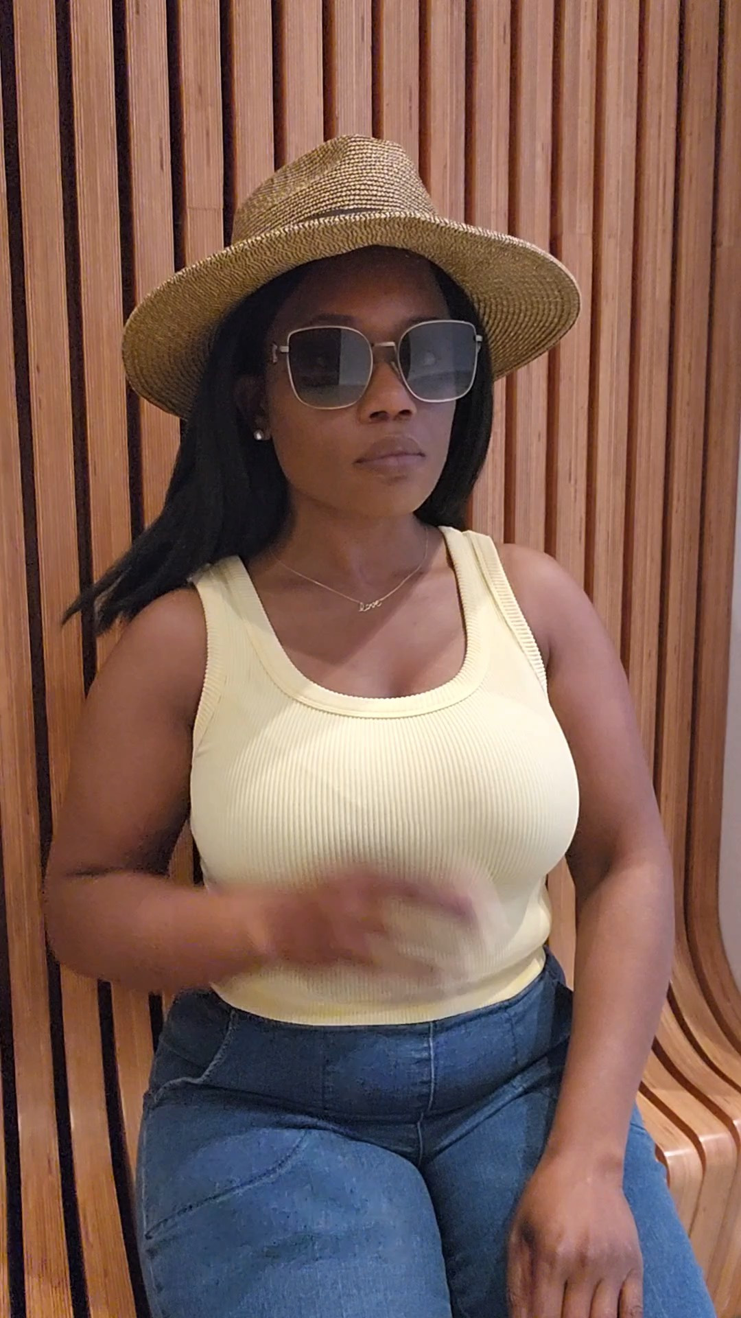 Summer style.  Straw fedora hat, square metal frame sunglasses, yellow ribbed tank top, straight leg denim jeans

#LTKootd #LTKPetite #LTKSaleAlert