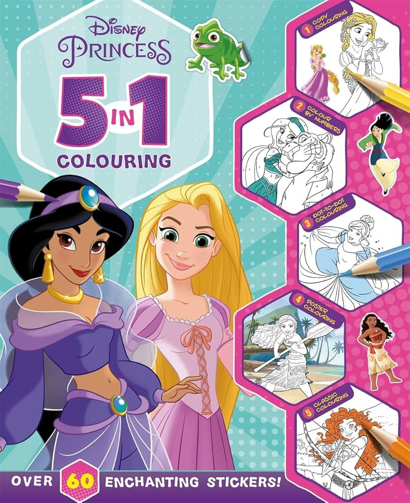 Disney Princess: 5 in 1 Colouring: A magical colouring and sticker adventure (With dot-to-dot, co... | Amazon (UK)