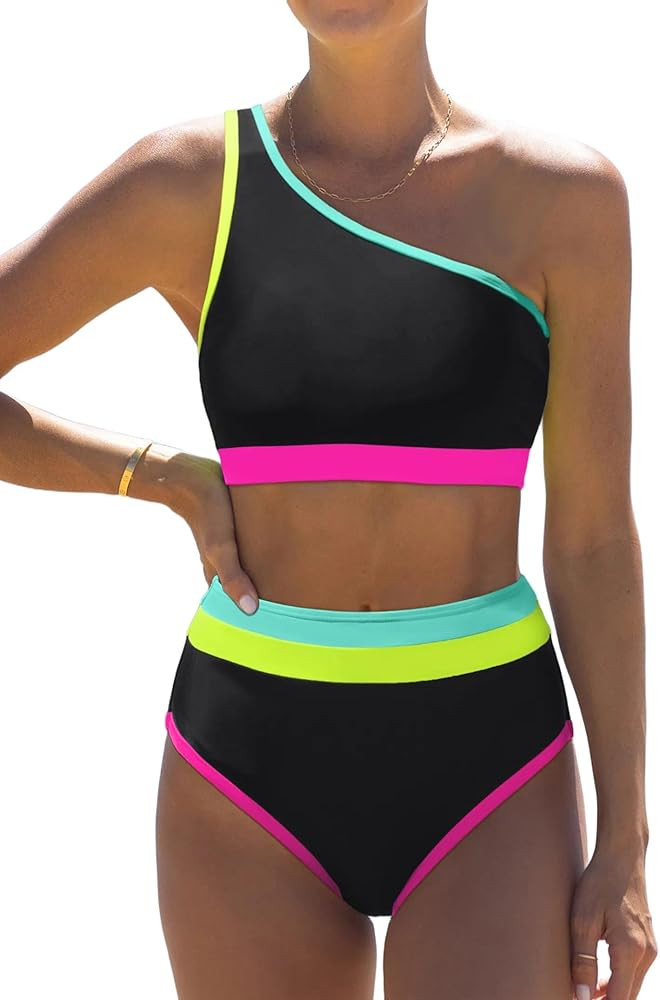 popvil Women's One Shoulder Swimsuit : Neon 2 Piece High Waisted Bikini Sets Cute 2026 Color Bloc... | Amazon (US)