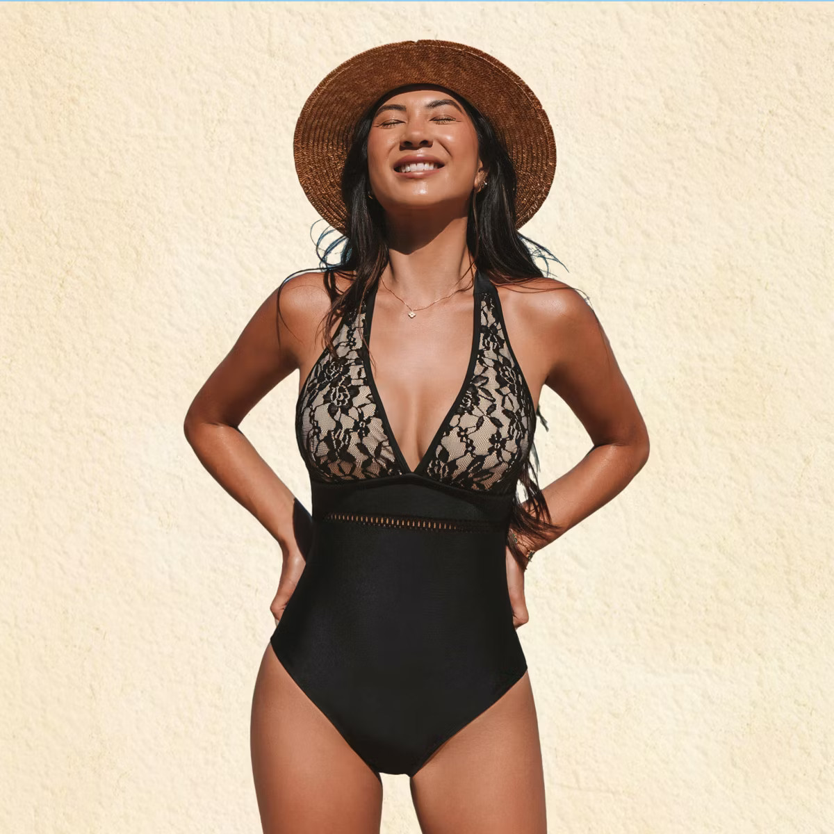 Women's Black Floral Lace Halterneck One-Piece Swimsuit - Cupshe | Target