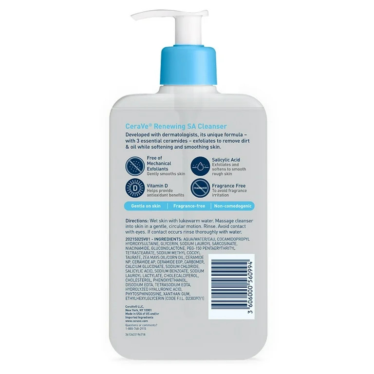 CeraVe Renewing SA Cleanser, Exfoliating Face Wash with Salicylic Acid for Rough Bumpy Skin,16 fl... | Walmart (US)
