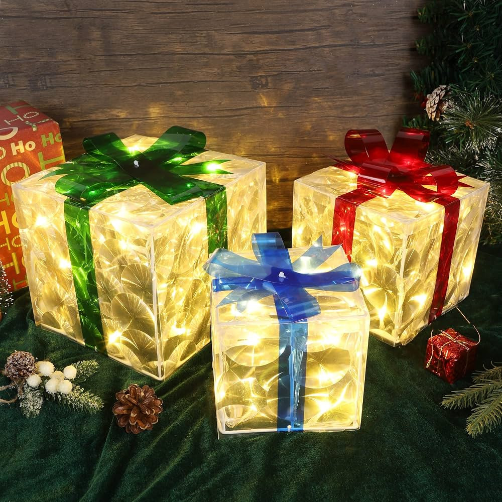 Set of 3 Christmas Lighted Gift Boxes, 60 LED Warm White Light up Gift Box Christmas Decorations,... | Amazon (US)