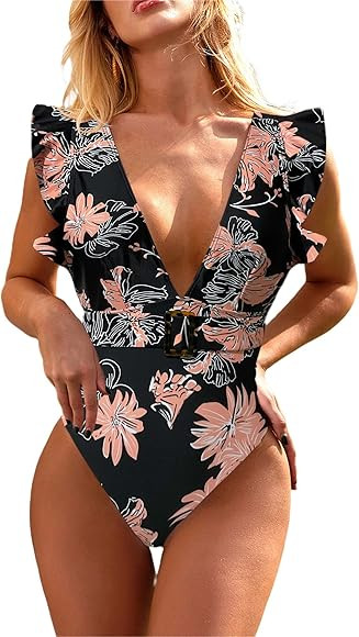 Avanova Women's One Piece Swimsuit Ruffle Deep V Neck Strappy Swimwear Bathing Suits | Amazon (US)