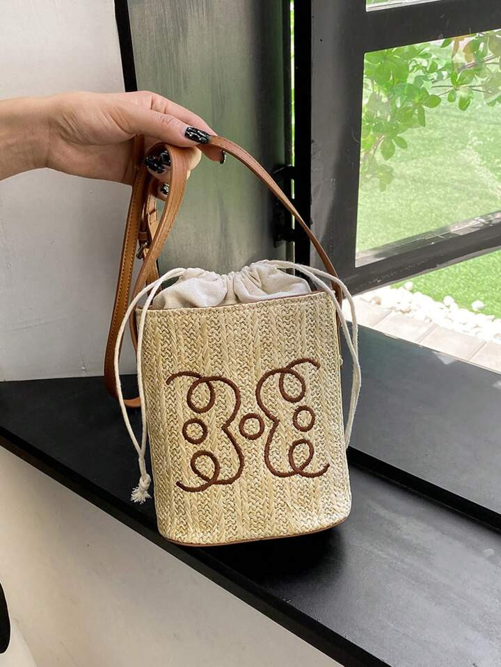 Mini Geometric Graphic Drawstring Design Straw Bag Vacation | SHEIN