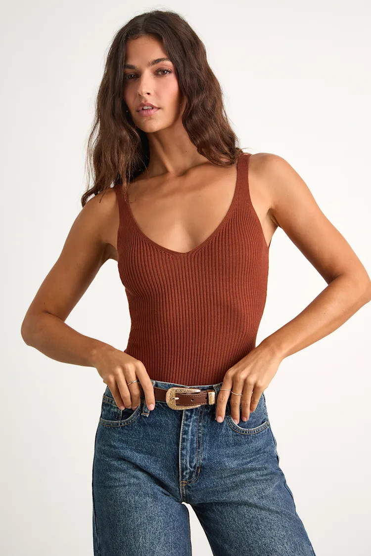 Emberlin Rust Brown Ribbed Low-Back Sleeveless Bodysuit | Lulus