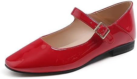 FEVERSOLE Women's Mary Jane Fashion Square Toe Easy Buckle Low Heel Slip On Flats | Amazon (US)