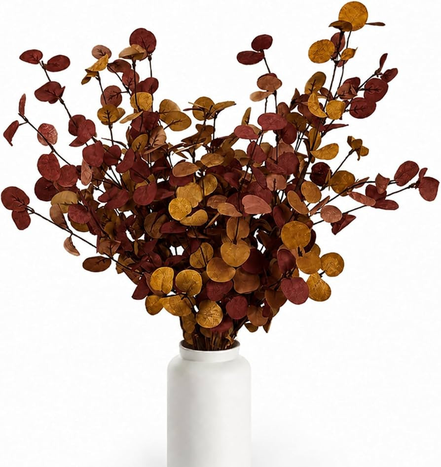6pcs Eucalyptus Stems Fake Brown Orange Fall Leaves Artificial Silk Flowers Autumn Decor Bouquet ... | Amazon (US)