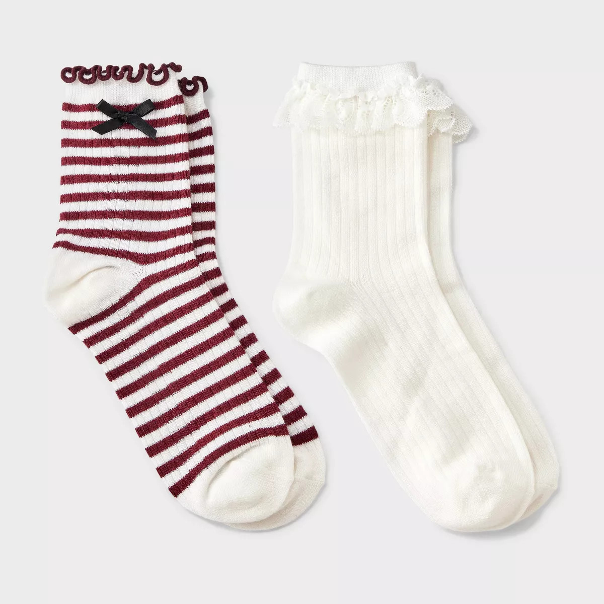 Women's Striped Waffle Knit 2pk Crew Socks with Bow Applique - Auden™ Berry/Ivory/Black 4-10 | Target