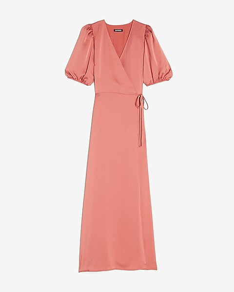 Satin Puff Sleeve Belted Wrap Maxi Dress | Express