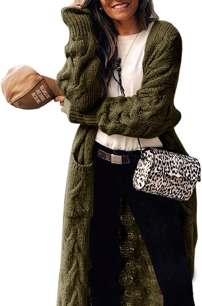 ZIWOCH Women's Long Cardigan Coats Cable Knit Casual Open Front Long Sleeve Loose Sweater with Po... | Amazon (US)