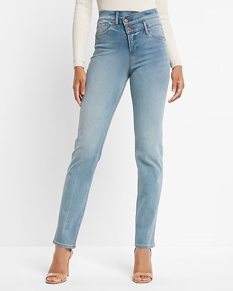 Super High Waisted Crossover Waistband Supersoft Modern Straight Jeans | Express