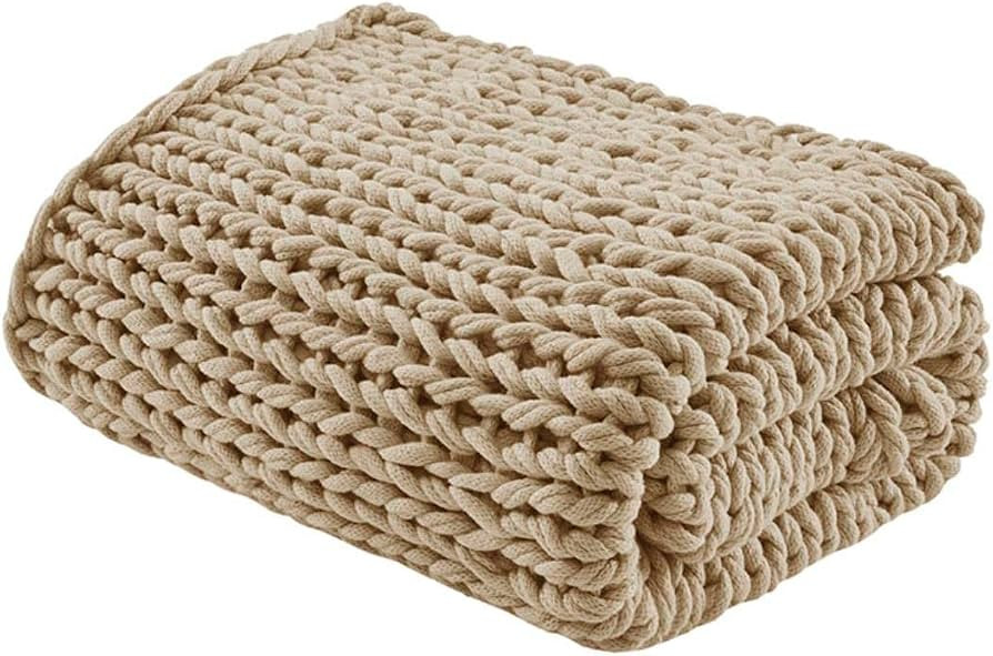 Madison Park Chunky Double Knit All Season Throw Blanket, 50 x 60, Tan | Amazon (US)