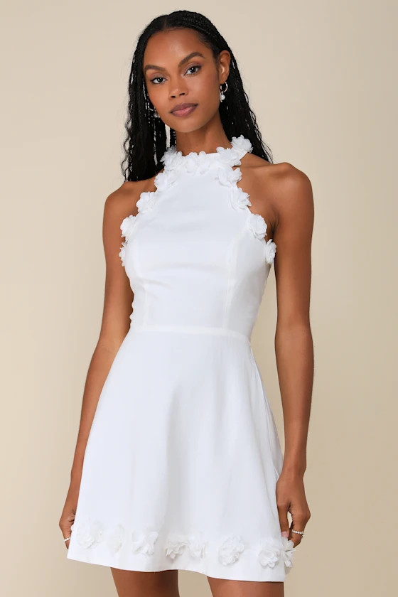 Profound Poise White Linen 3D Floral Mock Neck Mini Dress | Lulus