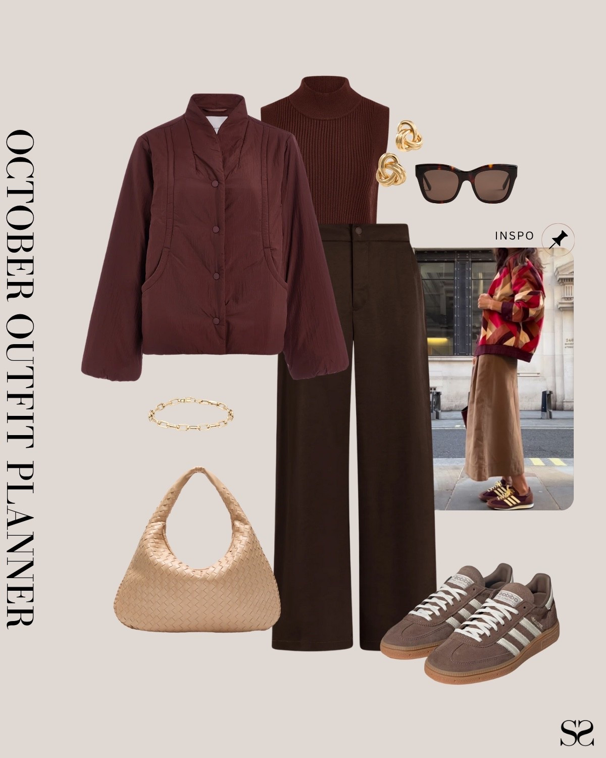 Monthly outfit planner OCTOBER: Fall outfits | brown trouser, burgundy coat, espresso brown, sweater tank, sneakers

#falloutfit #classicstyle #casualstyle 

Image inspo credit: Pinterest

#LTKStyleTip #LTKSeasonal