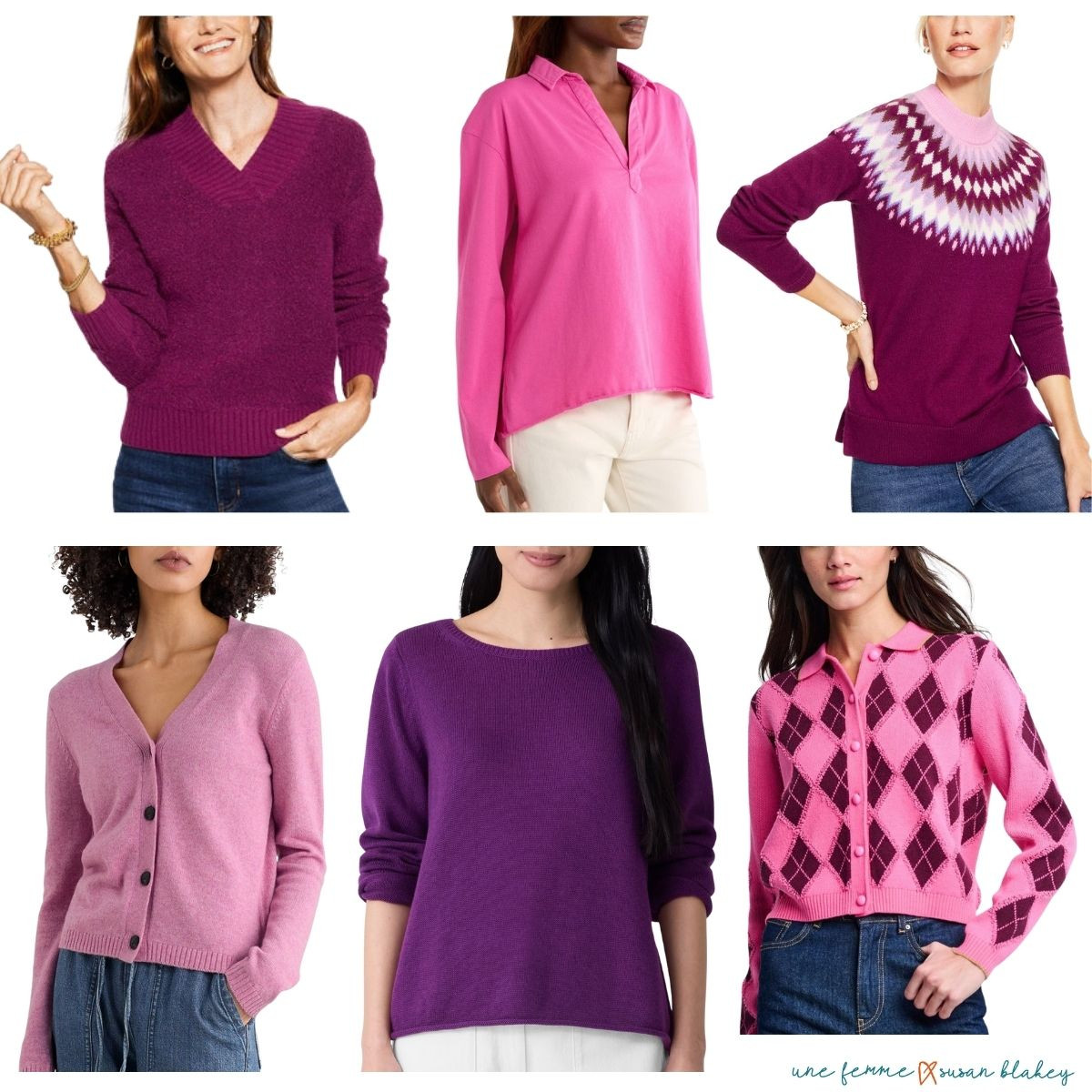 2025 fall color trends: pinks & purples. These shades suit cool palettes and pair beautifully with navy, grey and black. Women's sweaters and cardigans in pink and purple. 

 #LTKSeasonal #LTKOver40 #LTKStyleTip