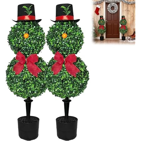 2 Pack Topiary Trees Artificial Outdoor, 32'' Christmas Snowman Topiary Tree with Red Bow Santa H... | Amazon (US)