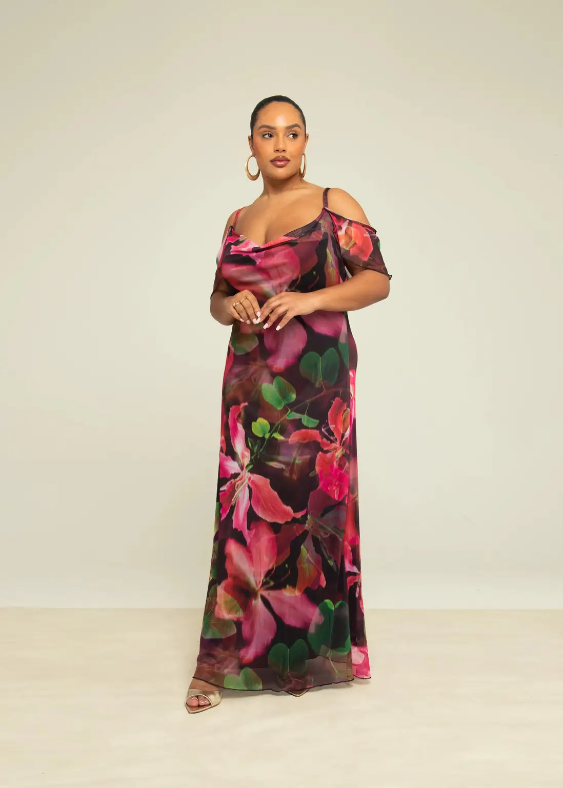 Curve Bold Floral Print Cold Shoulder Mesh Maxi Dress | Boohoo.com (UK & IE)