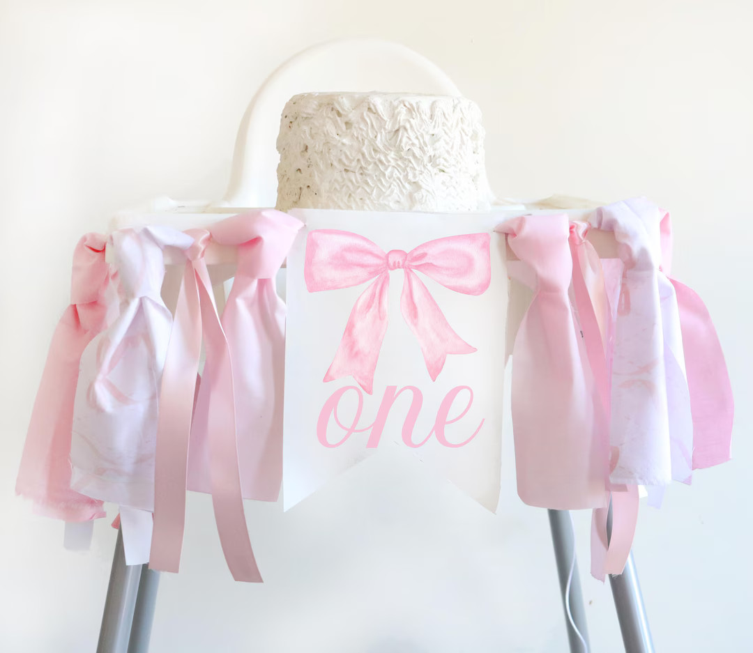 Pink Bow Birthday High Chair Banner Soft Pastel Pink Ribbon Elegant Coquette Girl 1st Birthday Pa... | Etsy (US)