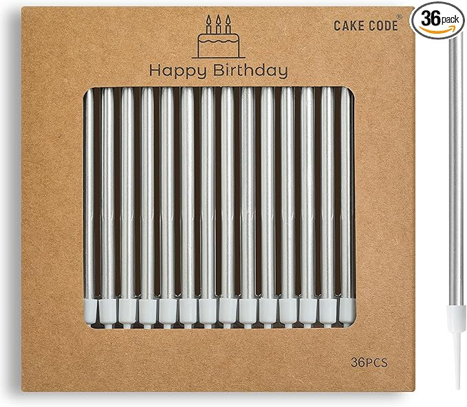 36-Count Silver Long Thin Metallic Birthday Candles, Cake Candles, Birthday Parties, Wedding Deco... | Amazon (US)