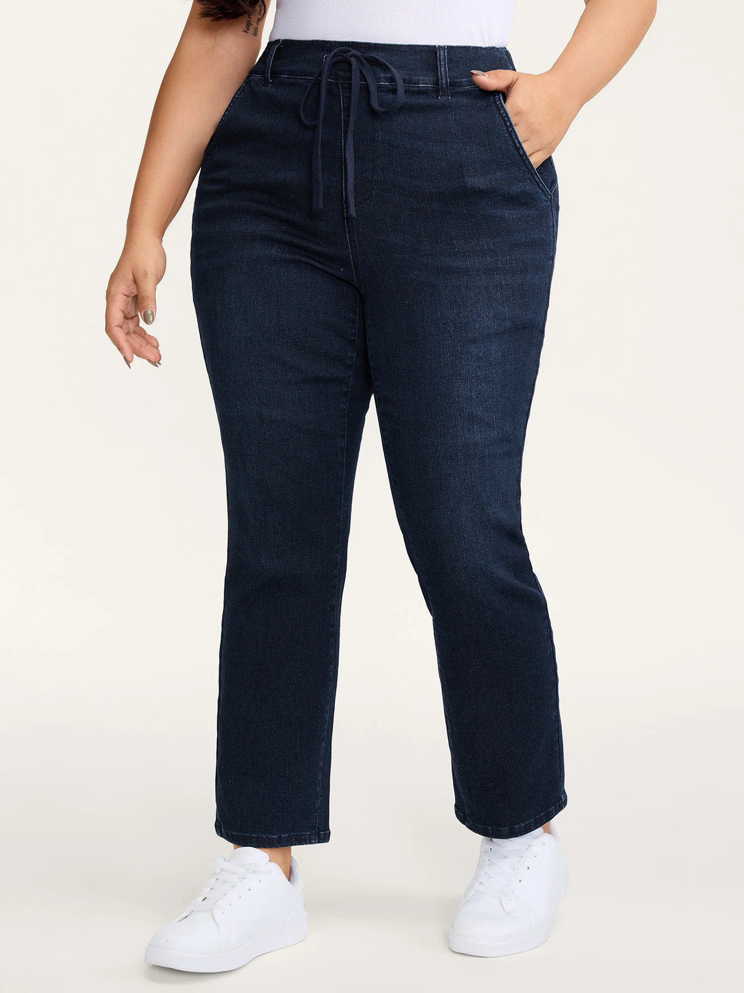 Supersoft Elastic Waistband Drawstring Straight Leg Jeans | Bloomchic