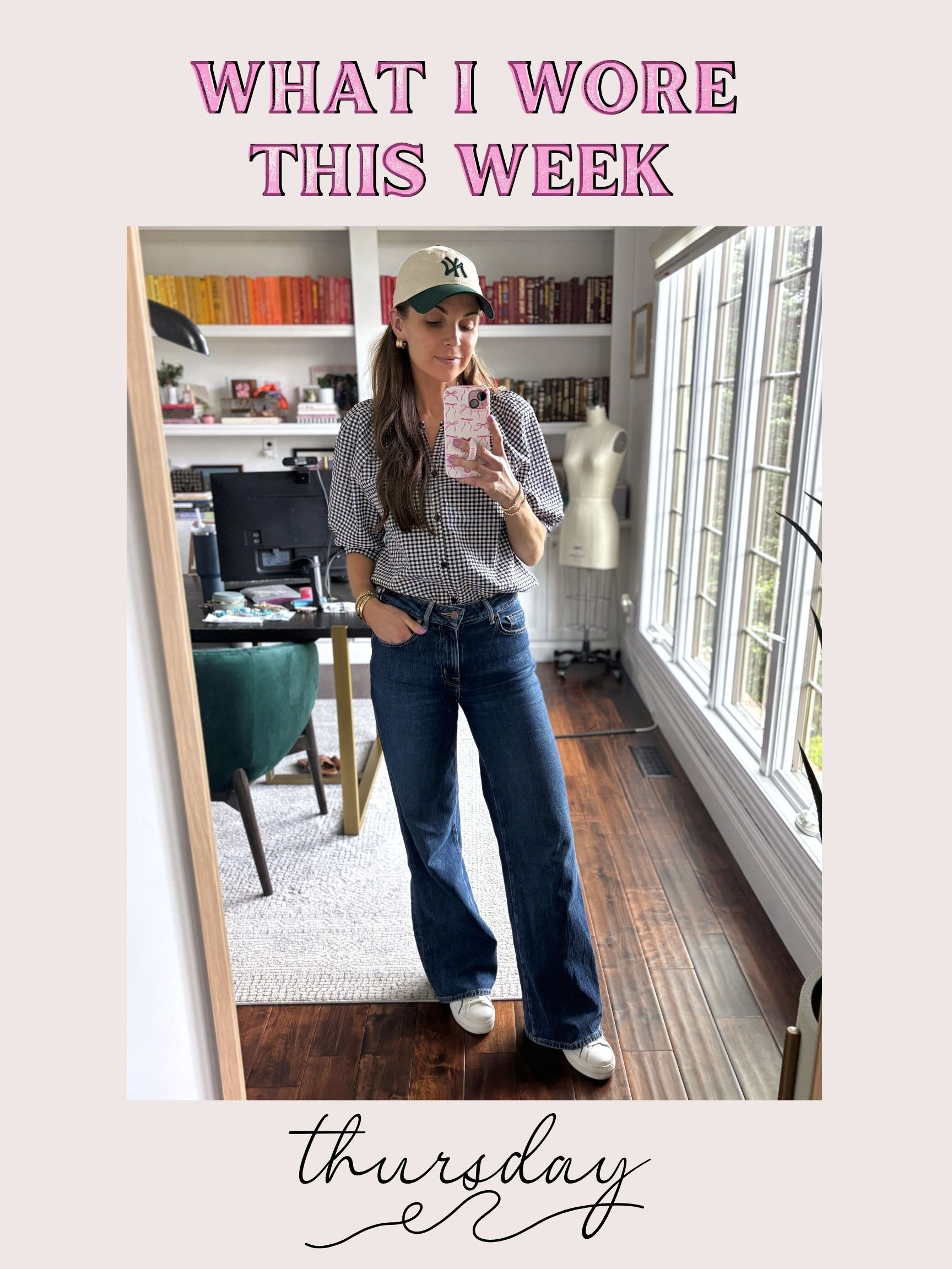 Thursday Style ☀️
Wearing: @evereve gingham top, @treasureandbond jeans,  @mirandafrye earrings, and an @aritzia hat to top it off. 

 #LTKStyleTip