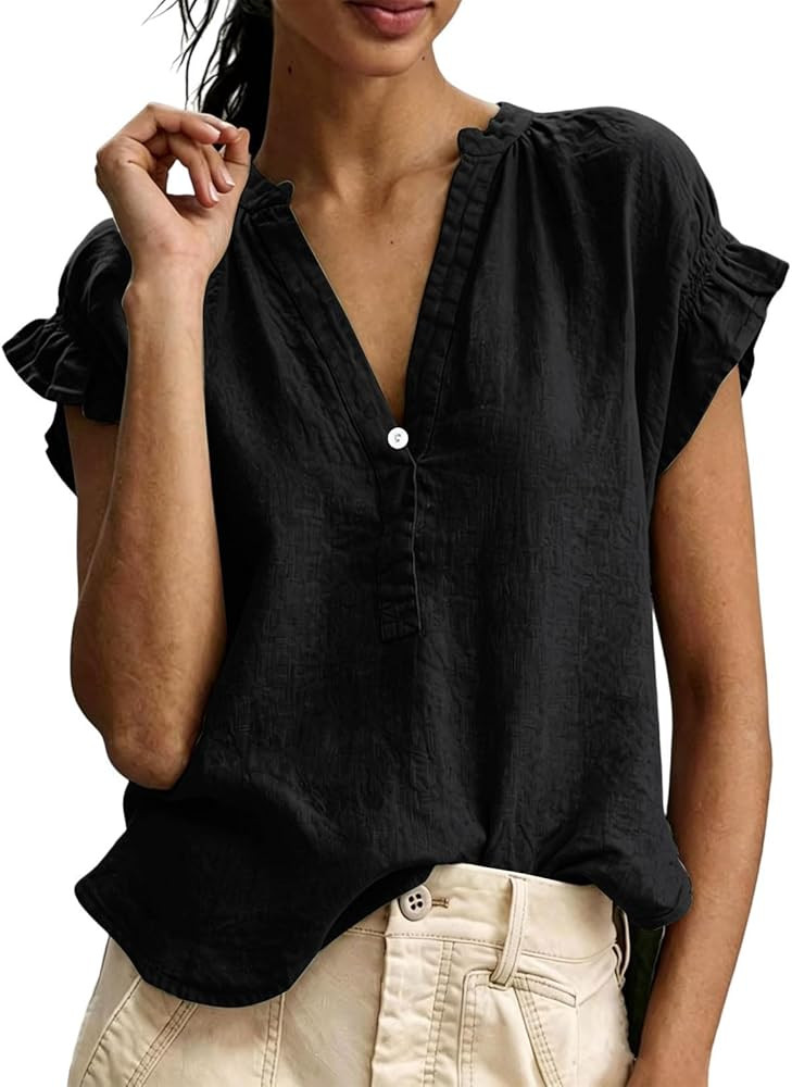 Womens Linen Tops V Neck Short Ruffle Sleeve Gauze Shirts 2026 Dressy Casual Cotton Blouses Summe... | Amazon (US)