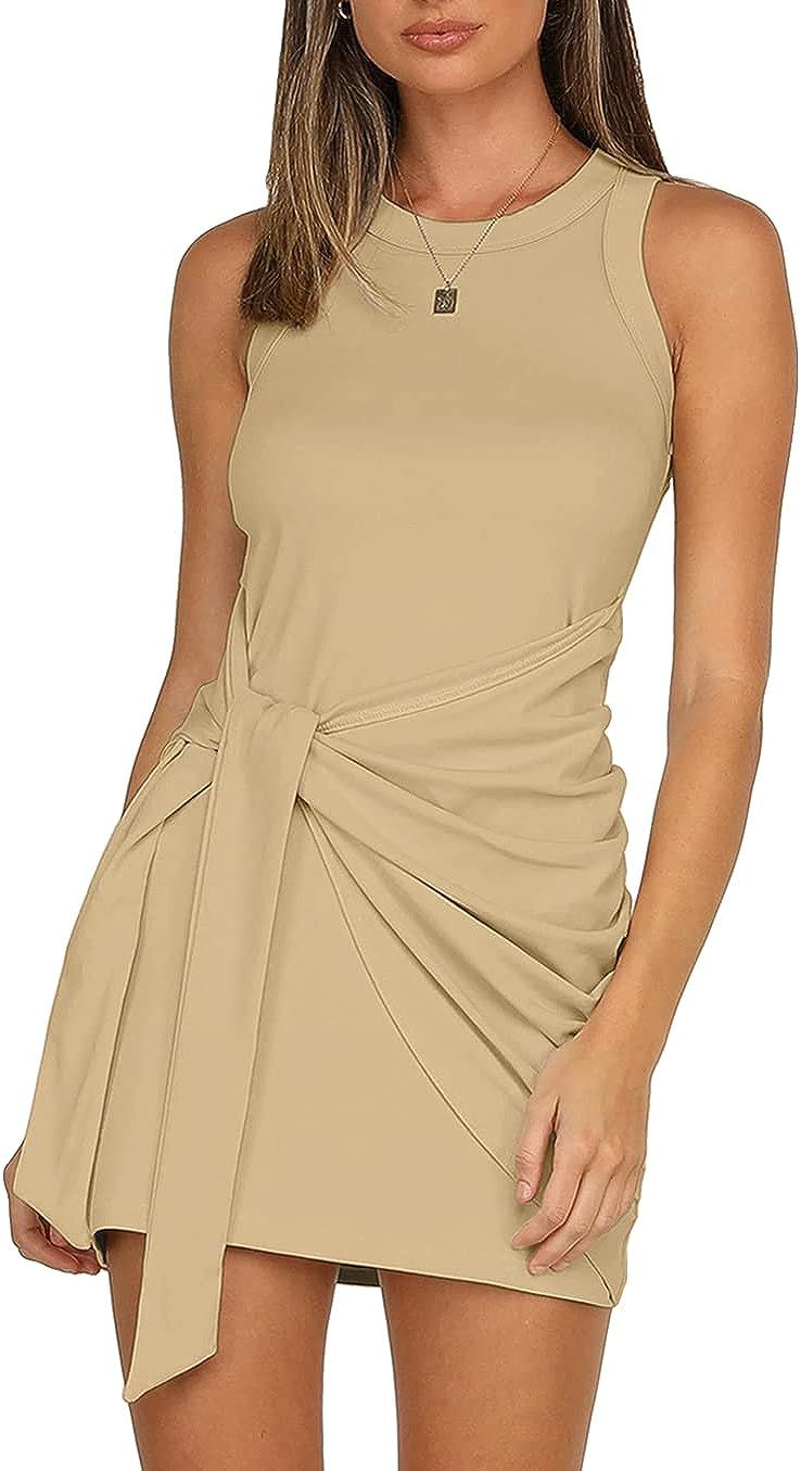 LIYOHON Women's Summer Casual Beach Dress Sleeveless Ruched Tie Tank Bodycon Wrap Mini Dresses | Amazon (US)