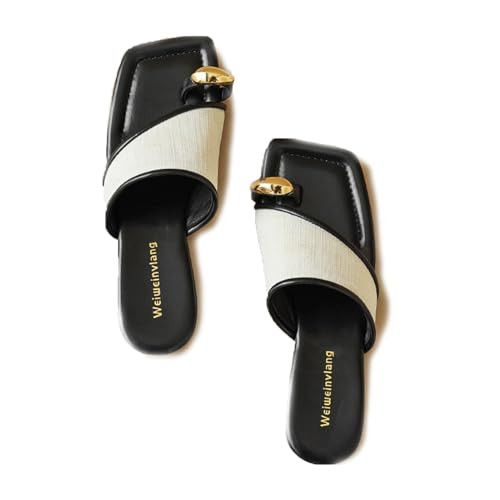 Lymphvity Women's Ring Toe Metal Flat Sandals Summer Slip-on Square Open Toe Non-Slip Beach Flats Slippers (Black,5) | Amazon (US)