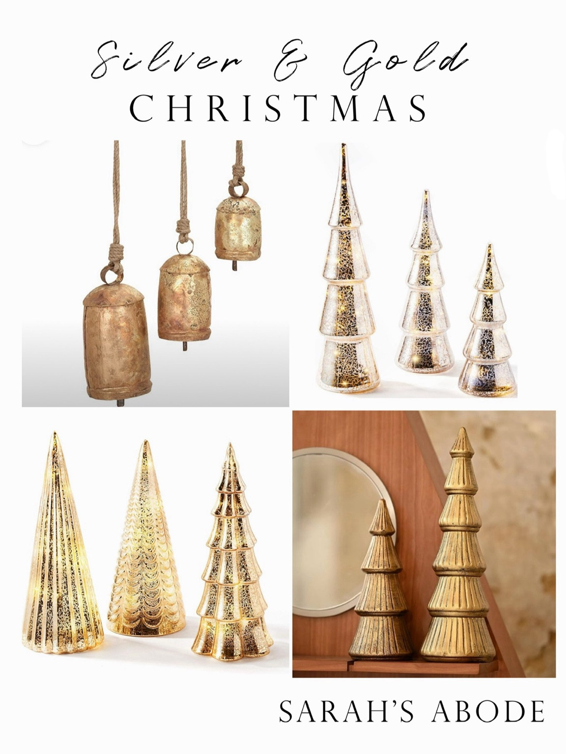 Silver and gold Christmas decor. 

Gold bells. Glass Christmas tree. Gold Christmas tree. Silver Christmas tree  

#LTKHome #LTKSeasonal #LTKHoliday