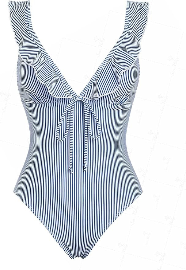seamoly Vintage Striped Ruffles Trim Tied Plunging Neck One-Piece Swimsuit | Amazon (US)