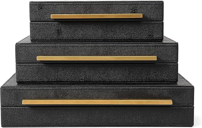 Kingflux Faux Black Shagreen Leather Set of 3 Pcs Decorative Boxes, Storage Boxes Jewelry Organiz... | Amazon (US)