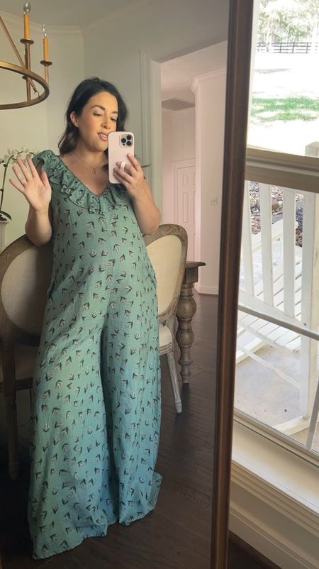 Adorable wide leg maternity jumpsuit! Love the fun print and ruffle details. I sized a medium on this one to make sure it fit the baby growth in the 3rd trimester. Soft comfortable and has pockets!

#LTKbaby #LTKbump #LTKVideo