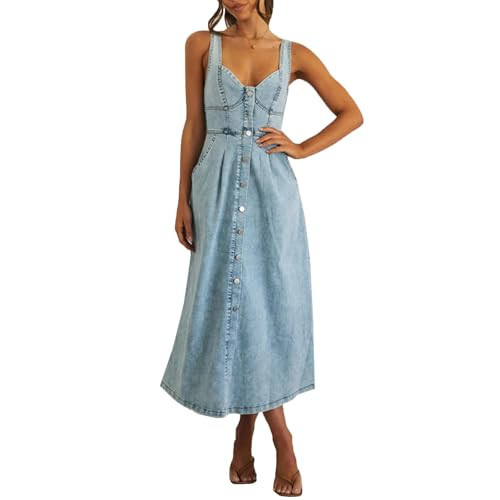 Women Sexy Strap Denim Dress Elegant Sleeveless Backless Boho Casual Jean Outfits Stretch High Waist Midi Jean Dress Light Blue | Amazon (US)