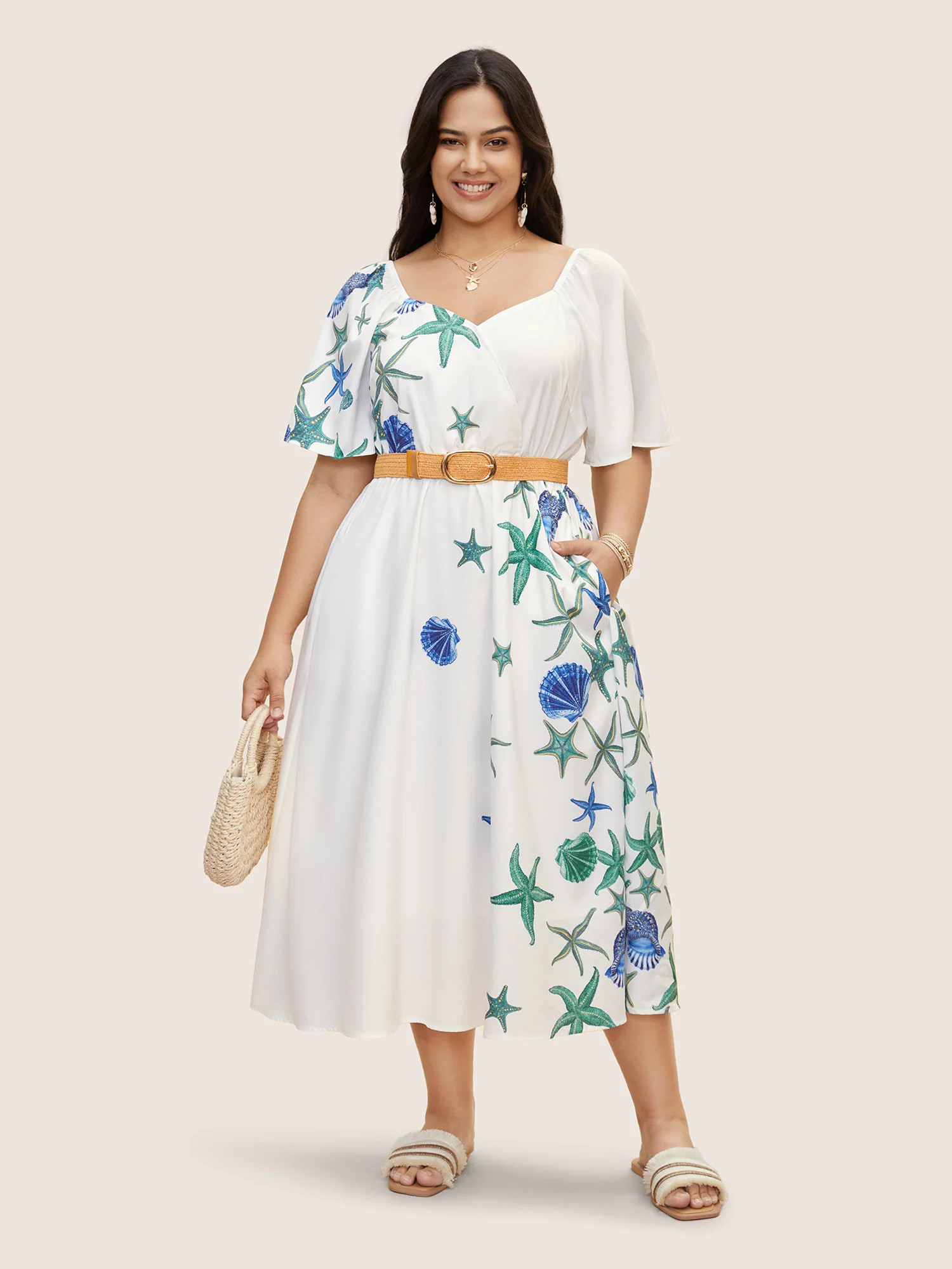 Heart Neckline Marine Elements Gathered Dress | Bloomchic