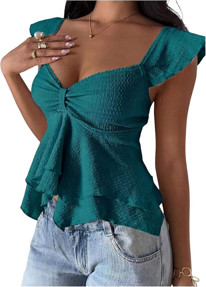 RoseSeek Women's Flowy Going Out Tank Top Sweetheart Neck Cap Sleeve Summer Ruffle Elegant Crop T... | Amazon (US)