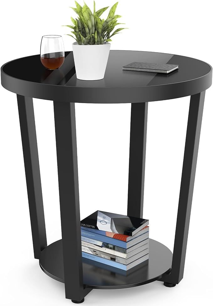Round End Table, Tempered Glass End Table with Metal Frame, Small Coffee Table, Black Sofa Side T... | Amazon (US)
