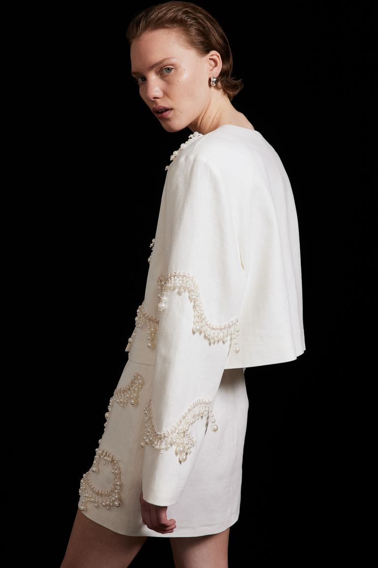 Bead-embellished linen skirt - White - Ladies | H&M GB | H&M (UK, MY, IN, SG, PH, TW, HK)