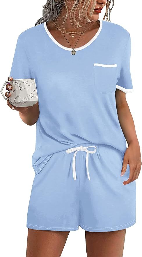 Ekouaer Pajama Set for Women 2 Piece Lounge Set Tops and Shorts Soft Sleepwear, Chest Pocket | Amazon (US)