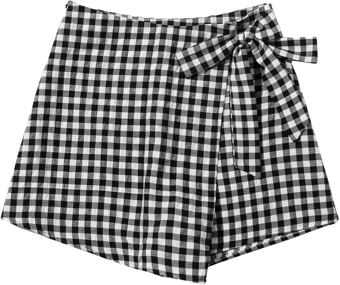 Floerns Women's Gingham Tie Side Wrap Skort High Waisted Zip Up Asymmetrical Shorts | Amazon (US)