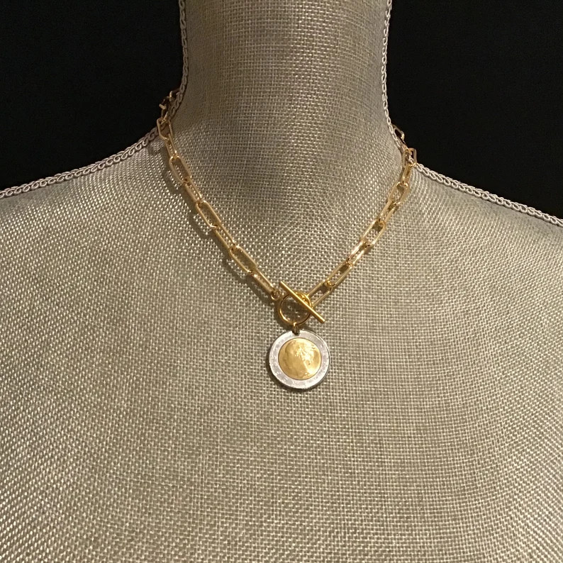 Italian Coin Necklace With Paperclip Chain, Silver or Gold Chunky Layering Chain, Two Tone Italia... | Etsy (US)